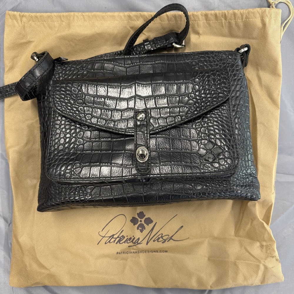 Patricia Nash Black Croc Embossed Leather Crossbody Bag Purse & Dust Bag VTG